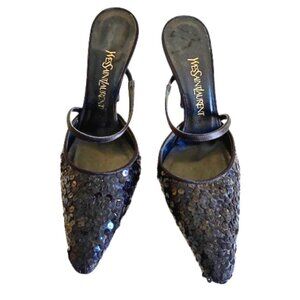 Yves Saint Laurent YSL Vintage Black Sequin Slide Pumps